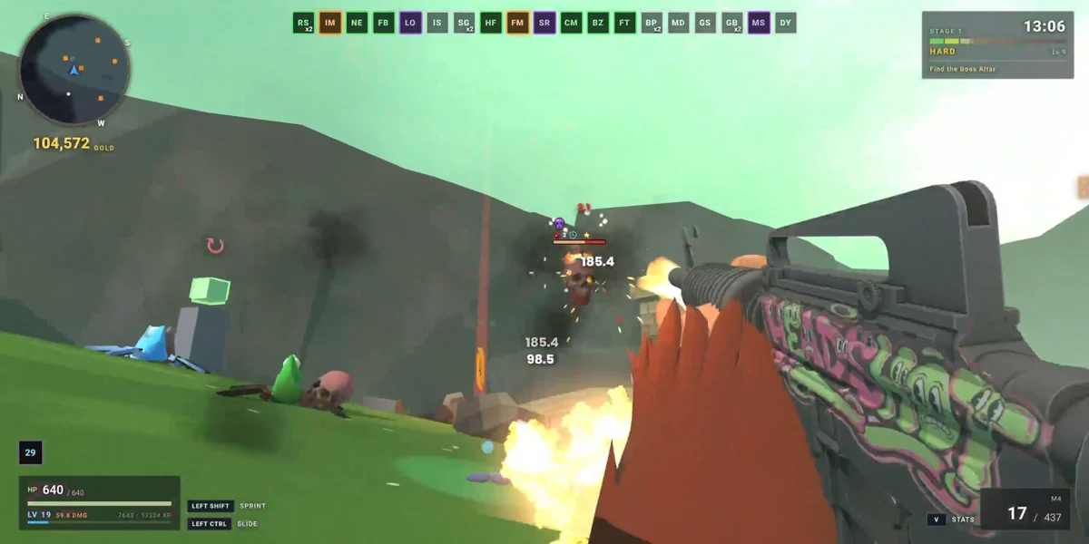 First-person Ape Squad combat with enemy damage numbers, upgrades, and a customised rifle